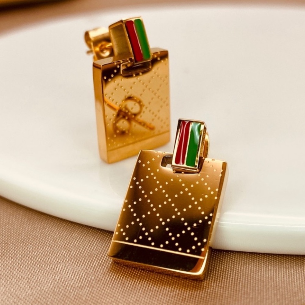 Titanium Enamel Dotted Rectangular Dangling Stud Earrings in Gold